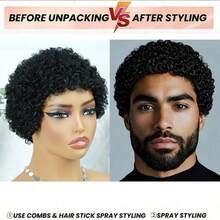 AMECIRE Men's Wigs Human Hair Wig Pixie Cut Wig Curly Wig Black Short Hair Wig Suitable For Everyday Wear - Natural Black - View 4