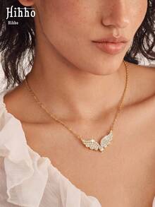 Hihho 1pc Luxury Full Zirconia Angel Wing Necklace, Wing Pendant Collarbone Chain, Elegant Versatile Jewelry For Women - Angel Wings - View 1