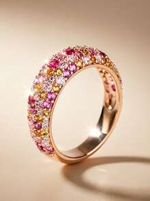 1pc Fashionable Rooster Party Ring, Round Zirconia Full Pave Mixed Color Copper Plated Rose Gold Women's Ring, Luxury Niche Design Stackable Index Finger Ring, High Color Retention - Gold - View 5