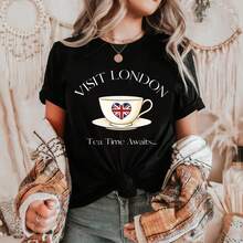 Camiseta "Visita Londres: La Hora del Té te Espera" |   Camiseta con Gráfico de la Union Jack - Negro - Ver 4