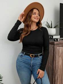 Plus Size Women Solid Round Neck Ribbed Long Sleeve Slim Fitted Basic Tee, Casual Stretchy Layering Top - Black - View 4
