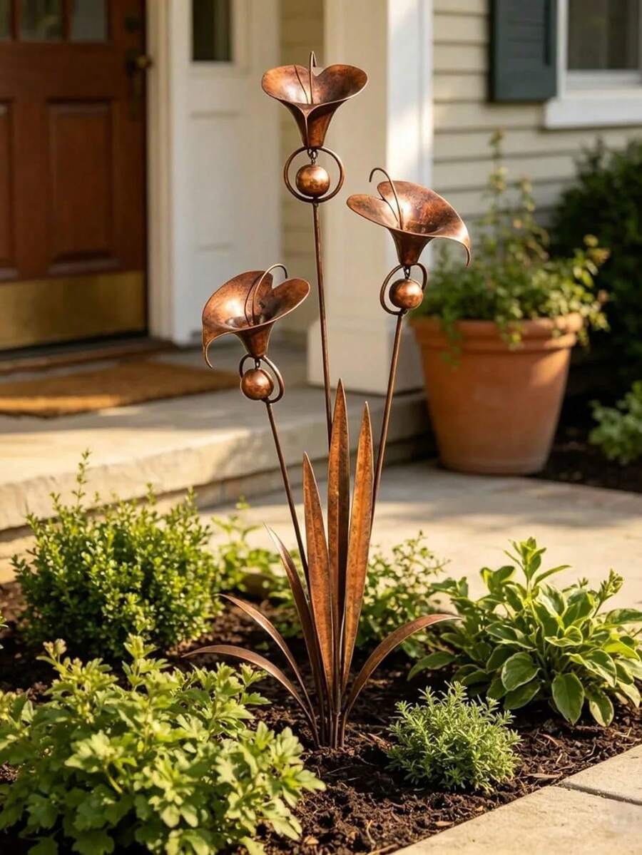 Iron Art Wind Chime Flower Stake, Antique Bronze Vintage Texture, Three Bells Gently Swaying With Pleasant Sound. Suitable For Potted Plants And Gardens, Adding Pastoral Poetic Charm To Corners, Wind Blowing Bells Ringing, Creating A Full Atmosphere. - A - View 1