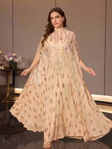 Plus Size Women's Heavy Beaded Embroidery Sequin Glamorous Stand Collar Elegant 2 Pieces Arabian Dress, Suitable For Ball And Multiple Occasions Fall - Apricot - View 1