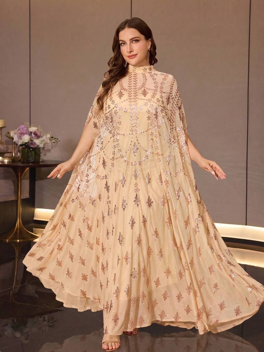 Plus Size Women's Heavy Beaded Embroidery Sequin Glamorous Stand Collar Elegant 2 Pieces Arabian Dress, Suitable For Ball And Multiple Occasions Fall - Apricot - View 1