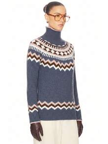Women's Fair Isle Pattern Knit Long Sleeve Crew Neck Sweater, Medium Stretch Regular Fit, Autumn/Winter Knitwear - Blue - View 11