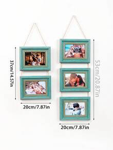 1pc Rustic Distressed Teal Wooden Hanging Collage Photo Frame Set, Rope Chain Connected Multi-Hole Wall Hanging Photo Frame, Vintage Gold Frame, Suitable For Family And Couple Photos, Bedroom Living Room Gallery Wall Home Decor - Green - View 4
