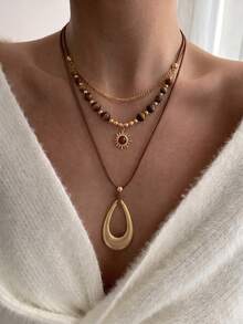 2pcs/Set Maillard Tiger Eye Stone Sun Water Drop Pendant Necklace, Vintage, Daily, Holiday, Versatile - Gold - View 2