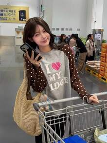Women's American Style Heart & Polka Dot Raglan Long Sleeve T-Shirt, Loose Casual Versatile Top - Grey - View 1
