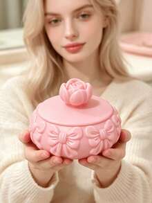 1/2pcs Embossed Bowknot Jewelry Storage Box With Lid, 3D Rose Decor Round Jewelry Box, Dust-Proof Ring Earring Necklace Storage Container, Vanity Girl Style Jewelry Organizer Decorative Box - Pink - View 7