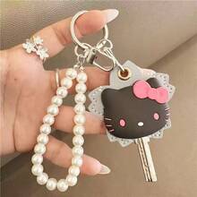 SANRIO 1pc Vintage Red Maple Leaf Silicone Bow Cat Keychain With Double Layer Faux Pearl Chain Metal Lobster Clasp Key Ring, Dust-Proof Storage Cover, Cute Cartoon Bag Charm, Portable Commuter Accessory, Halloween Best Friend Gift - A - View 8