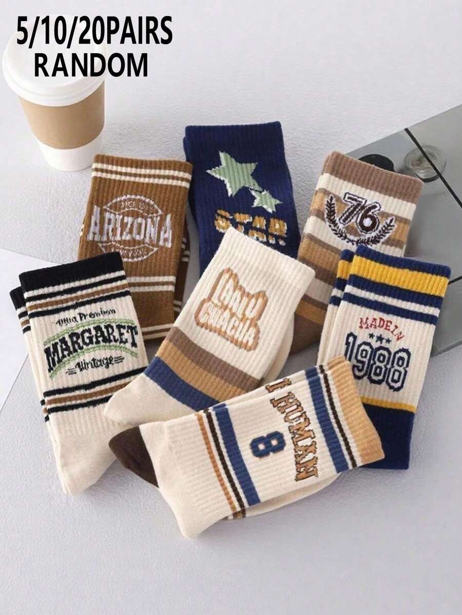 Random 5/10/20 Pairs Women's American Vintage Coffee Brown Spring/Autumn Striped Letter College Style Mid-Calf Socks - Multicolor - View 1