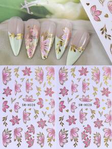 1pc Spring Summer Pink Petal Nail Stickers, Luxury Gold Foil Edge Floral Plant Nail Decals, 3D Self-Adhesive Sliders - Multicolor - View 4