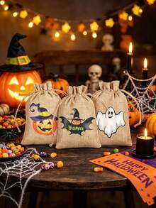 5pcs Halloween Burlap Drawstring Gift Bags Pumpkin Ghost Bat Pattern Candy Pouches Party Favor Storage Celebration Treats Holders Holiday Decor Packaging Supplies - Multicolor - View 5