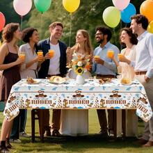 3pcs/1pc Western Cowboy Birthday Party Tablecloth Decoration, 108*54 Inch, Plastic Rectangular Disposable Western Cowboy Rodeo Party Tablecloth, Boy Baby Shower Party Decoration - Multicolor - View 5