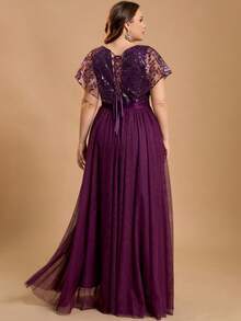 Women Plus Size Elegant 45+ Solid Color Mesh Applique Formal Evening Party Dress For Wedding Guest Mother Of Bridal Formal Event Spring Autumn Winter - Purple - View 4