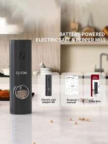 CLITON 1 Set Molinillo eléctrico de sal y pimienta con base de almacenamiento, a pilas, molienda automática, luz LED, ajuste de grosor, operación con un solo toque, material ABS, compañero de cocina, set negro, incluye cepillo de limpieza - Negro - Ver 12