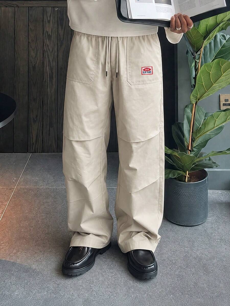 Unisex Apricot Patch Logo Casual Pants, Drawstring Ruched Knee Wide Leg Cargo Long Pants - Apricot - View 1
