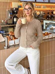 Women Fuzzy Knit Solid Crew Neck Button Down Long Sleeve Regular Cardigan Top - Khaki - View 1