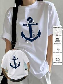 Casual Unisex Printed T-Shirt, Short Sleeve Crew Neck, Blue With White Rope Anchor   Pattern, Spring Summer Autumn Wear, Local Shipping - 白色 - 查看 7