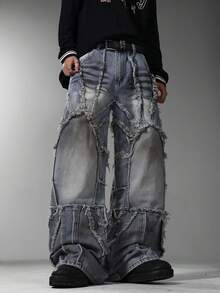 Gothic American Retro Men's Flare Jeans, Classic Splicing Design, Unique Hand Painted Denim Pants (Belt & Accessories Not Included) - Blue - View 3