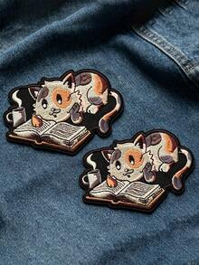 1pc/2pcs/3pcs/4pcs EduFly Bookworm Cat Patch Calico Kitty Art Embroidered Iron On - Multicolor - View 10