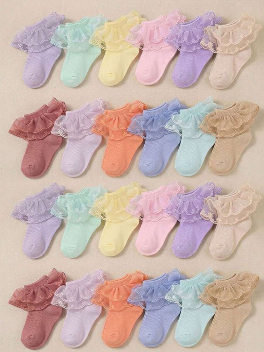 1/5pcs Baby Girls Ruffle Lace Short Socks, Soft Breathable Mesh Solid ...