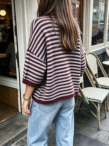 FOR BEAUTY Summer Autumn Y2K Women's Knit Top Elegant Luxury Burgundy Striped Mohair Sweater Fluffy Loose T-Shirt Suitable For Cafe Date Street Style Daily Wear - Blue and Red - View 11