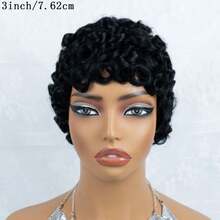 AMECIRE Pixie Cut Wig Black Short Hair Wig Curly Wig With Bangs Human Hair Wigs Wigs For Ladies Fashionable Styling 3 Inches Suitable For Everyday Wear And Holidays - Natural Black - View 5