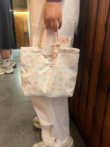 蝴蝶結女款休閒通勤外出包 多巴胺藍大容量單肩包 時尚托特包 - 白色 - 查看 4