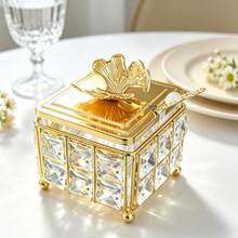 Luxury Square Cut Crystal Sugar Bowl With Ginkgo Leaf Lid And Pearl Spoon, Metal Frame Glass Sugar Jar With Spherical Feet, Decorative Kitchen Canister, Coffee Bar, Home Afternoon Tea, Dining Table Decor - Gold - View 9