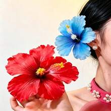 2pcs Women's High-End Elegant Beach Vacation Style Artificial Hibiscus Flower Hair Clips, Sweet Versatile Girl Travel Photo Hair Accessories, Artificial Flower Side Clip Hair Accessory Suitable For Daily Use - Blue - View 13