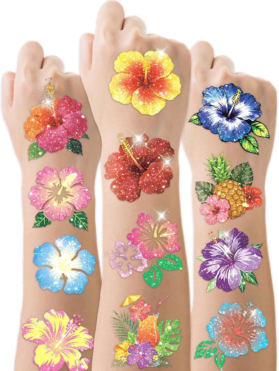 STARTTOOS 20pcs/20 Sheets Summer Beach Hibiscus Flower Pattern Temporary Tattoo Stickers, Waterproof Realistic Tattoo Decals For Kids DIY Birthday Party Christmas Gift Holiday Events - Multicolor - View 1