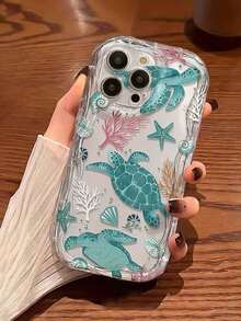 1 buah Casing Ponsel Ins Cream Edge Motif Kura-kura Hijau Menawan, Kompatibel dengan 17 16 15 14 13 12 11 Pro Max, Pelindung Ponsel Transparan Tahan Air, Tahan Guncangan, dan Tahan Gores - MultiWarna - View 3