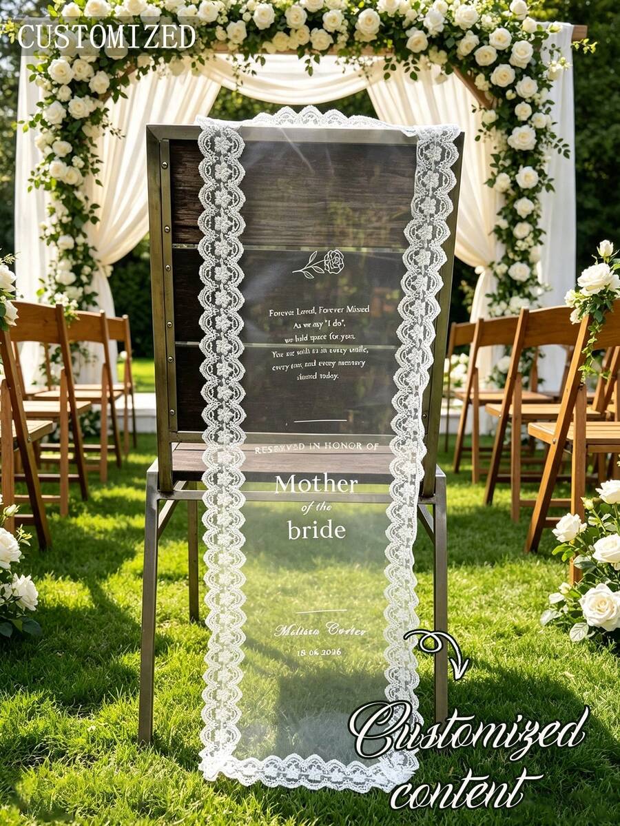 Faja de silla conmemorativa personalizada para boda, pancarta de silla con ribete de encaje, letrero de silla reservada para seres queridos perdidos, decoración de ceremonia de boda - Multicolor - Ver 1