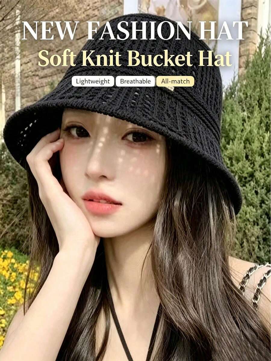 Black Hollow Crochet Bucket Hat With Metal Tag, Women Breathable UV Protection Summer Bucket Hat - Multicolor - View 1