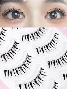 5 Pairs Wet-Look Pointed Dense Girl Group Style Invisible Band Eyelashes, Wet-Tip Flowing Realistic Mink Faux Eyelashes, Big Eye Korean-Japanese Doll Style Pointed Column Eyelashes For Date And Daily Wear - Black - View 1