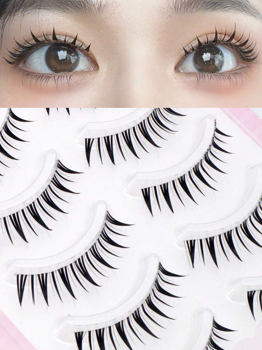 5 Pairs Wet-Look Pointed Dense Girl Group Style Invisible Band Eyelashes, Wet-Tip Flowing Realistic Mink Faux Eyelashes, Big Eye Korean-Japanese Doll Style Pointed Column Eyelashes For Date And Daily Wear - Black - View 1