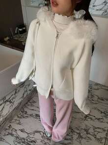 Women's Solid Color Hooded Knit Cardigan Sweater With Detachable Fur Collar, Autumn - Apricot - View 3