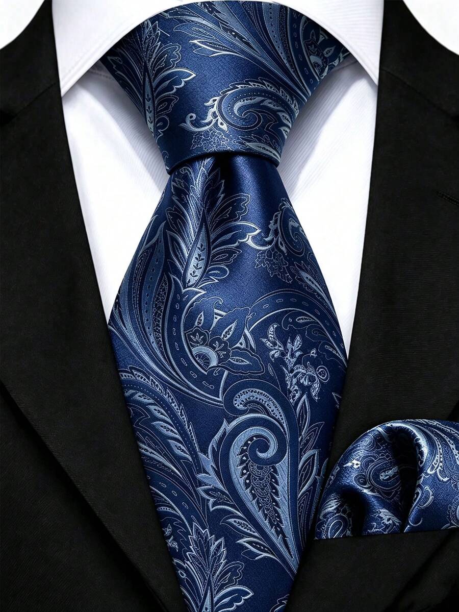 Men's Tie Set, Classic Fashion Necktie & Pocket Square Set, Suitable For Weddings, Business And Banquets. - Navy Blue - View 1