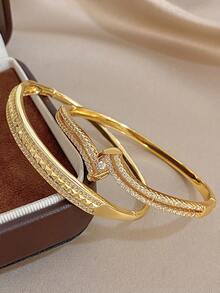 18K Gold Plated Luxury Rhinestones Bangle Bracelet For Women Stackable Double Strand Copper Bangle For Party Birthday Valentine Jewelry Gifts - Multicolor - View 5