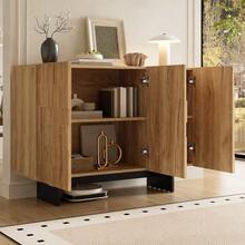 Modern French Sideboard With Geometric Textured Front, 3 Doors And Adjustable Shelves, Natural Wood Look + Black, 105 * 33.5 * 76 Cm. - Natural+Black - View 5