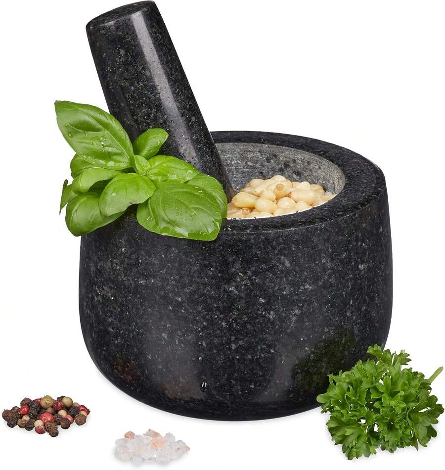 Granite Mortar And Pestle, Heavy-Duty And Durable, For Spices And Herbs, Polished Stone Mortar, Ø 12 Cm, 300 Ml, Black - 1 - View 1