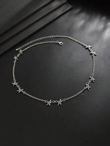 1pc Fashion Minimalist Rhinestone Star Chain Necklace, Collarbone Chain, Unisex Daily Commute Wear, Casual Accessory, Holiday Gift - Silver - View 3