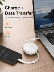 240W USB C 轉 USB C 可伸縮快充線，雙面拉動便攜捲線器，480Mbps 數據傳輸，鋁合金外殼，兼容筆記本電腦、平板電腦與智慧型手機 - 銀色 - 查看 5