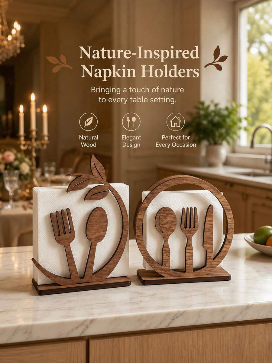 Wooden Leaf Napkin Holder, Rustic Natural Wood Napkin Decor Rack With Leaf Hollow Pattern, Suitable For Kitchen, Dining Room, Cafe, Restaurant, Home Country Style Wooden Napkin Holder, Natural Forest Style Napkin Holder - Multicolor - View 1