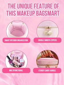 MISSLYN 1 buah Tas Kosmetik Mewah Warna Pink, Desain Pink Peach Lembut dengan Trim Kontras Mawar, Penyimpanan Silinder Kapasitas Besar, Resleting Ganda Halus, Hadiah Liburan, Musim Kembali ke Sekolah, Cocok untuk Rumah, Kantor, dan Perjalanan Akhir Pekan - Berwarna merah muda - View 3