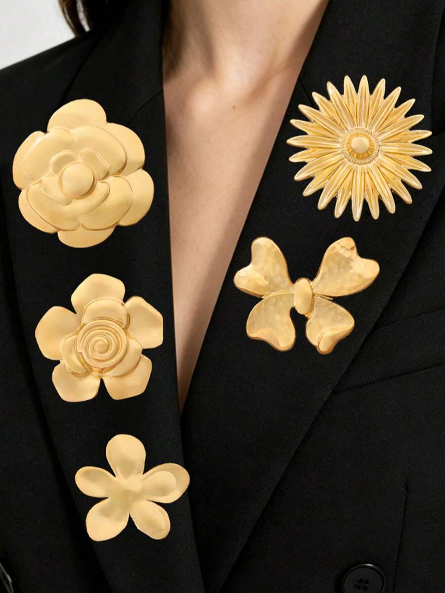 SUPBORA 1pc Gold/Silver Floral Brooch, Vintage Metal Camellia Rose Daisy Bow Flower Lapel Pin, Elegant Minimalist Suit Jacket Dress Decoration Jewelry, Women's Style - Gold and Silver - View 1