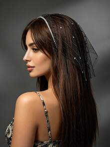 1pc Vintage Princess Rhinestone Veil Headband, Black Mesh Hair Hoop, Face Covering Hair Accessory, Women's Party Headpiece, Gothic Style Halloween - Black - View 3