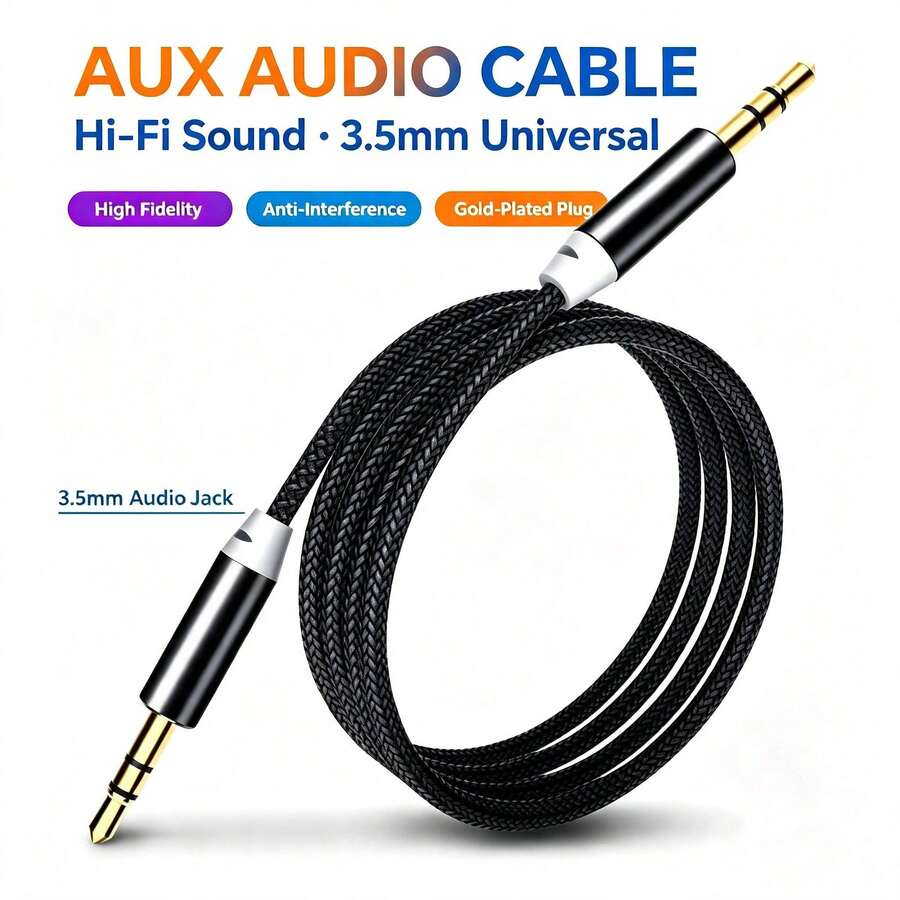 Universal 3.5mm Stereo AUX Cable, Braided High Fidelity Audio Line Gold Plated Plug Compatible With Car Stereo, Headset, Speaker, MP3 Player - A - View 1