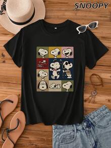 Simple T-Shirt Short Sleeve Snoopy Car Cute Top Print Casual Versatile Shirt - Black - View 1